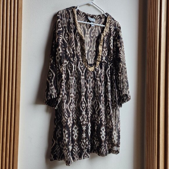 Bali Club Brown/Cream Native Tropical Print Tunic Size Medium - Picture 2 of 14